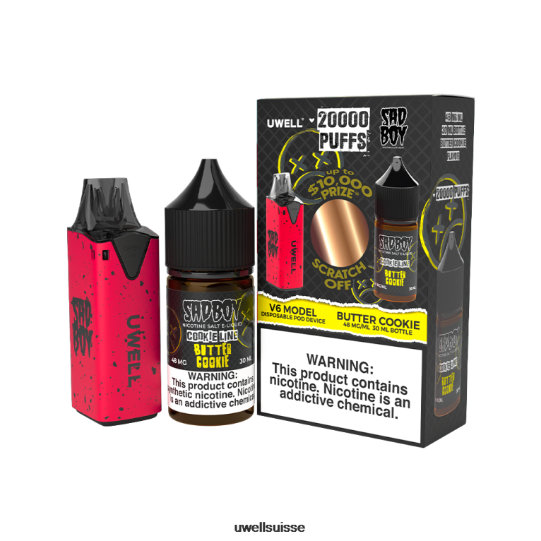 UWELL V6 appareil jetable + jus daddy's vapor 30ml - pack collab clr : rouge/flv : biscuit au beurre 48 mg NLB2N212 - UWELL Jetable