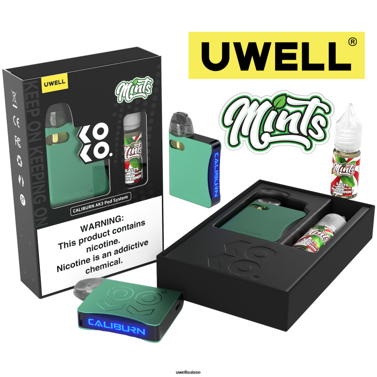 UWELL CALIBURN AK3 kit + pods a3s 0.8ohm (x2) + vapeur de papa 10ml sels 50mg crl : cyan/flv : menthe poivrée 50 mg NLB2N242 - UWELL Jetable