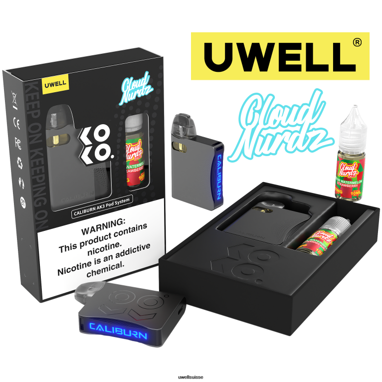 UWELL CALIBURN AK3 kit + pods a3s 0.8ohm (x2) + vapeur de papa 10ml sels 50mg crl : gris/flv : pastèque aigre fraise 50mg NLB2N240 - UWELL Zurich