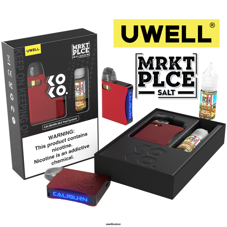 UWELL CALIBURN AK3 kit + pods a3s 0.8ohm (x2) + vapeur de papa 10ml sels 50mg crl : rouge/flv : poire fuji mangue NLB2N245 - UWELL Flavors